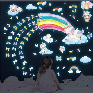 Einhorn Wandtattoo Kinderzimmer Leuchtsterne, Leuchtender Wandaufkleber Mädchenzimmer Regenbogen Leuchtsticker, Leuchtaufkleber Wandsticker Selbstklebend Babyzimmer Deko Geschenke für Jungen Mädchen