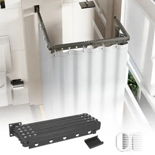 Faltbare Duschvorhangstange mit Duschvorhang, Duschvorhangstange ohne Bohren, Duschvorhang mit Stange, Wasserdicht L/U Form Duschstange für Ecke/Badewanne (Schwarz, 5 faltbar)