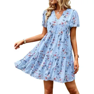 Lovolotti Sommerkleid Kleid Damen LO-KLDE-L01 Kleider Blumenkleid Dress Blusekleid Freizeitkleid Strandkleid blau L/XL