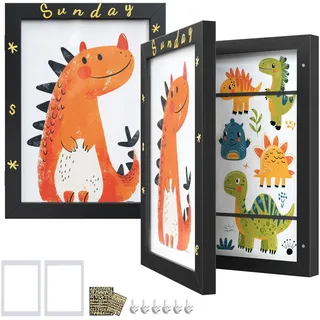 SONGMICS Bilderrahmen 2er Set, A4, 22 x 28 cm, 25,5x4,5x34,5 cm, Glas | jede Box für bis zu 150 Zeichnungen, MDF, Passepartout, Sticker, spurlose Wandhaken, Ascheschwarz, KAVI Kollektion RPF052B02