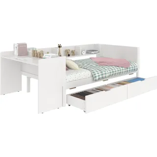 SOFTWEARY Jugendbett mit Schubladen, Lattenrost und Schreibtisch, 90x200 cm, Einzelbett mit Regal, Holzbett (weiß, 90x200 cm)