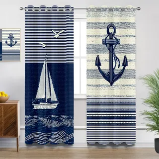 Mistela Vorhänge Blickdicht Nautisch - Verdunklungsvorhänge mit Ösen Maritim Segelboot Anker Wohnzimmer Gardinen Vorhänge Schlafzimmer Kinderzimmer Küchengardinen Decor - 2er Set - H160 x B140cm