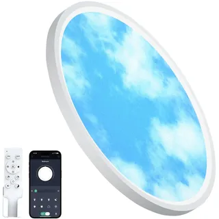 Aphyni Himmel LED Deckenleuchte Ø40 cm 33W, dimmbar in Blau und Weiß | Blauer Himmel mit weißen Wolken, 3000–6500 K, 4000 lm, Nachtlicht, Timer, Speicherfunktion und IP44 für Bad und Balkon