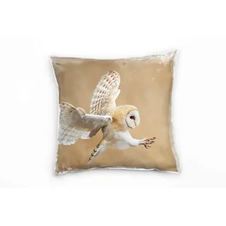 Paul Sinus Art Tiere, Fliegende Eule, beige, weiß Deko Kissen 40x40cm für Couch Sofa Lounge Zierkissen - Dekoration zum Wohlfühlen