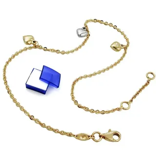unbespielt Fußkette Fußkette 1,7 mm Ankerkette mit 3 Herzen bicolor 375 Gold 25 cm, Goldschmuck für Damen goldfarben