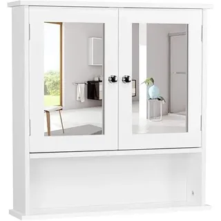 Yaheetech Spiegelschrank, Hängeschrank mit Spiegeltür und 3 Ablagen, Weiß | Badschrank Badezimmerschrank mit offenem Fach Wandschrank schmal Badkommode aus MDF-Holzplatten für Wohnzimmer 56x13x58 cm
