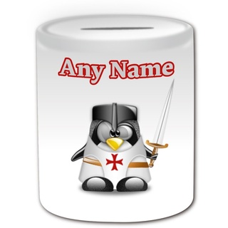 Personalisierbares Geschenk – Kreuzritter-Spardose (Pinguin im Kostüm-Design, Weiß) – jeder Name Nachricht auf Ihrem einzigartigen – Sparschwein – Charakter albern, lustig, Kawaii Neuheit Cartoon