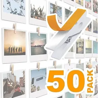 Selbstklebende Mini-Klammern für Bilder – weiße Holz-Clip-Fotohalter für Wand, Posteraufhänger, Fotokarten, hängende Anzeigetafel und Bildtafeln, Kunstwerk-Fotohalter, Kartenraumdekoration, 50 Stück