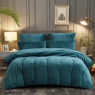 DXHOME Flauschige Kuschelbettwäsche 135x200cm Winter Blau Hellblau Plüsch Warm Pastell Flanell Winterbettwäsche Microfaser Warme Wendebettwäsche Bettbezug mit Reißverschluss + 1 Kissenbezug 80x80 cm
