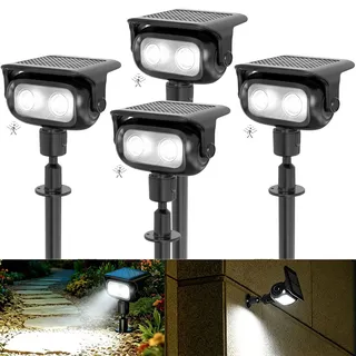 CREATESTAR 4 Stück Solarlampen für Außen mit Bewegungsmelder,6500K Kaltweiß | 4 Modi Helligkeitsmodi, Erdspieß & Wandmontage,IP65 Wasserdicht Solar Gartenstrahler für Bäume, Hof, Gehweg