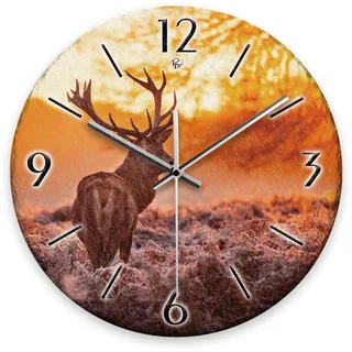 Kreative Feder Wanduhr „Hirsch“ aus Stein (Keramik) in Schiefer-Optik; Durchmesser 30cm; mit leisem Uhrwerk (Hirsch, leises Funkuhrwerk)