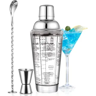 SAVORLIVING 14oz Glas Cocktail Shaker Set, Margarita Mixer Shaker mit eingebautem Sieb und Messbecher & Mischlöffel Set, Professionelles Barwerkzeug-Set für Barkeeper und Anfänger (Silber, 3PCS)