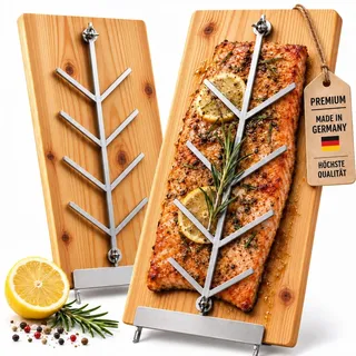 Premium Flammlachsbrett für Feuerschale, Lärche 1er Set - Made in Germany | Fisch Grillhalter Edelstahl mit 5 Winkeleinstellungen, 50 x 18 x 2 cm, Holzkohlegrill, Räucherbrett, Grillbrett, Lachsbrett