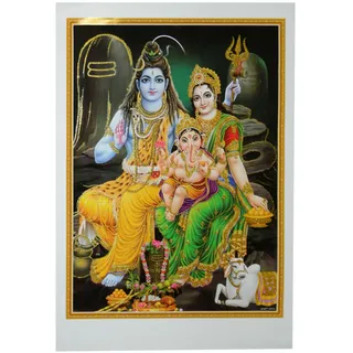 indischerbasar.de Bild Shiva & Parvati mit Ganesha 50 x 70 cm Gottheit Hinduismus Kunstdruck Plakat Poster Gold Indien Hochglanz Dekoration