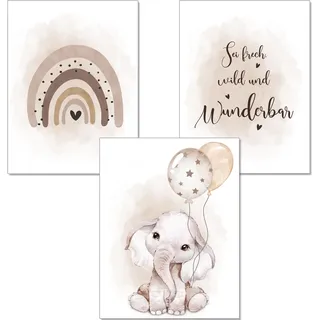 artpin® Poster Kinderzimmer Deko - Bilder Babyzimmer Regenbogen in Sand für Mädchen Junge - Safari Tierposter Luftballon Elefant Beige (K7)