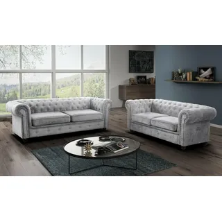 Easy4You Chesterfield Silber Set 3-Sitzer + 2-Sitzer Sofa Sofas für Wohnzimmer Sofagarnituren mit Holzfüße Set Sofas & Couches
