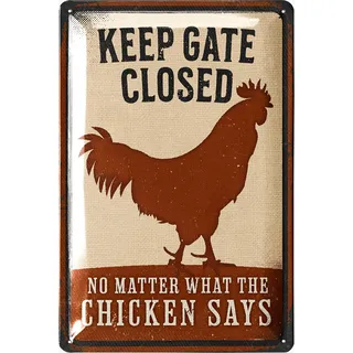 LANOLU Retro Blechschild Hühner, Tor schließen, Hühner Zubehör, lustige Schilder mit Sprüchen, vintage Metallschilder Huhn Deko für den Hühnerstall, Warn- und Garten Schild als Hühner Deko, 20x30cm