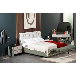 JVmoebel Schlafzimmer-Set JVMoebel Designer Textilbett mit Nachttischen und Schminktisch in Grün, (6-tlg), Made in Europa grün