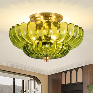 Vloitgol Deckenleuchte Vintage mit lampenschirm Grüne glas, E27 30cm, halbbündige Grüne Deckenlampe vintage blumen Glas für Schlafzimmer Flur Küche Esszimmer Wohnzimmer (Glühbirne nicht enthalten)