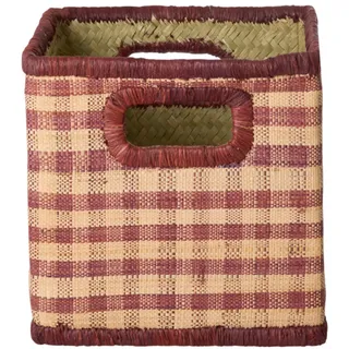 RICE Quadratischer Raffia Korb mit braunen Karos, Small (H 20 x L 20 x B 20 cm)