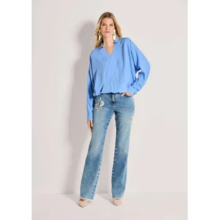 Madeleine Langarmbluse Wickelbluse mit Fledermausärmeln Uni-Design, tiefer V-Ausschnitt, Knopfmanschette, Wickel-Optik blau 40