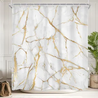 Duschvorhang In Weiß/gold Mit Craquelé-marmor-optik, 152,4 X 183 Cm, Luxuriöse, Fließende Textur, Wasserdicht