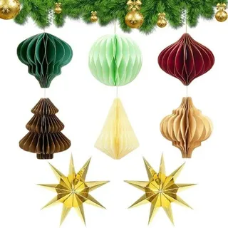 Famanu Set von 8 Papier-Weihnachtskugeln mit Glitterrand - wiederverwendbare Weihnachtsdekoration
