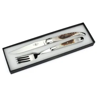 Forge de Laguiole - Steakbesteck - Griff Hirschhorn - Besteck Set Frankreich Steakmesser und Gabel - Stahl hochglanz
