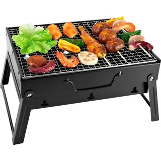 SunJas Holzkohlegrill CA-04 Reisegrill Tischgrill Campinggrill 27 x 35 x 19,5 cm Tragbar Klappgrill BBQ Koffergrill Faltgrill Grill Gartengrill