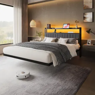 IRONCK Polsterbett 160x200 mit Ladestation und LED Beleuchtung | Schwebebett mit USB, Leinen-Kopfteil gepolstert, Stauraum, 2 offenen Regalen, doppelbett mit Komfort und Design, Dunkelgrau