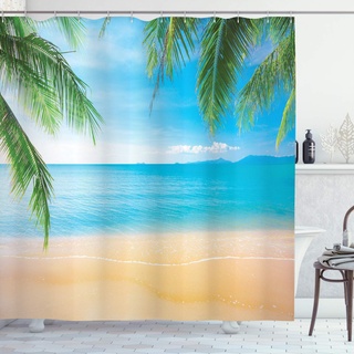 ABAKUHAUS Strand Duschvorhang, Exotische Lagune Sand Ozean, Stoffliches Gewebe Badezimmerdekorationsset mit Haken, 175 x 220 cm, Sand Brown Sky Blue