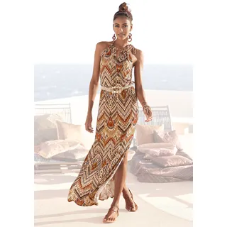 Maxikleid LASCANA Gr. 38, N-Gr, braun (braun, bedruckt) Damen Kleider Strandkleider mit modischem Ausschnitt im Ethnoprint, Sommerkleid, Strandkleid