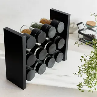 HOMLA Otto Gewürzbehälterregal - Praktisches Gewürzregal im Minimalistischen Design - Glas und Kunststoff 12 Gläser Schwarz 26 x 21 cm