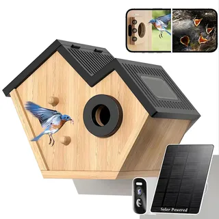 Nistkasten mit HD Kamera Solarbetriebenes, Live Stream Al Vogelbestimmer, Beobachten Sie das Nisten und Schlüpfen, Cloud und SDSpeicher, 35mm Einstieg und Schutzart IP65, Geschenkidee Garten