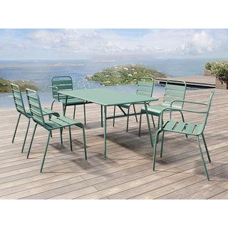 Garten Essgruppe: Tisch D. 160 cm + 2 Sessel + 4 Stühle - Metall - Grün - MIRMANDE
