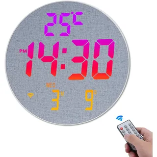 Digitale Wanduhr Groß mit Fernbedienung, LED Wanduhr mit Temperaturanzeige, Datum, Sommerzeitfunktion, 12 RGB Farben, Helligkeitsregelung, Wecker für Wohnzimmer, Schlafzimmer Küche Fitnessstudio Dekor