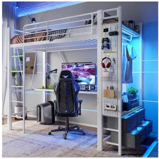 Merax Hochbett mit LED-Leiste und USB & Typ-C Steckdose (Metall & MDF, 1-St., Eisenbett Jugendbett Einzelbett) Metallbett 90x200cm mit Schreibtisch Schubladen Trockenstange Regalen weiß