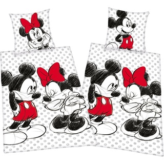Mickey + Minnie Mouse Partner Bettwäsche Doppelpack 80x80cm 135x200cm, 100% Baumwolle mit Reißverschluss