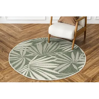 AKCILA Rund Outdoor-Teppich Brussels mit Palmenblättern, Grün, 140 cm - Wetterfester Sisalteppich für Terrasse, Balkon und Küche, Waschbar