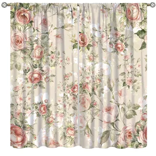 Lovely Rose Dekorative Vorhänge, Rot und Weiß Vintage Rose Blumenmuster Zartes Muster für Wohnzimmer Schlafzimmer und Esszimmer, 2 Paneele, 132 x 213 cm