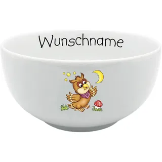 Doriantrade Müslischale Kinder Porridge Schale Porzellan Eule personalisierbar mit Wunschname Name Kindergeschirr mit Namen personalisiert