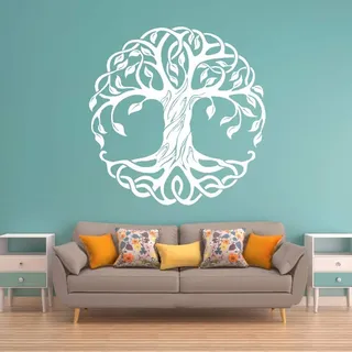 QIANGTOU Baum Wandtattoos Baum des Lebens Wandtattoo Kreis Bäume Vinyl Wandbild Abnehmbare Dekoration Yoga Dekor 54x54cm