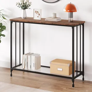 Konsolentisch Schmal mit Ablage, 85 x 30 x 81 cm Beistelltisch Vintage Flurtisch Kleiner Ausstellungstisch Metall Sofatisch Industrieller Langer Eingangstisch für Eingang, Flur, Dunkelbraun-Schwarz