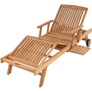 SONLEX Sonnenliege Gartenliege Relax-Liege Teak-Holz inkl. Räder Tablett – Lehne & Fußteil verstellbar – behandelte Oberfläche Pool-Liege Balkonliege