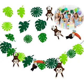 Dschungel Deko Geburtstag, Künstliche Blätter Deko, Grün Tropische Palmenblätter Bunting, Dschungel Party Deko Blätter Girlande, Felt Palmenblätter Deko für Hawaii-Party Gartenparty Geburtstag