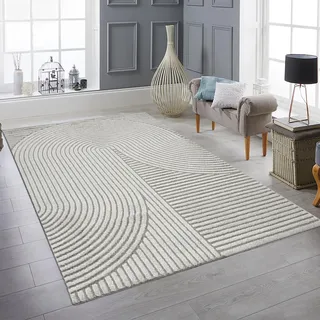 Teppich-Traum Teppich Wohnzimmerteppich Schlafzimmer Gästezimmerteppich Allergiker geeignet leicht zu pflegen Linien- und Bogenmuster in grau, 120 x 170 cm