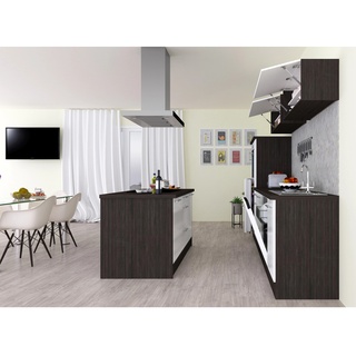 Respekta Premium Einbauküche, Inselküche 310 cm Weiß Hochglanz-Eiche Grau