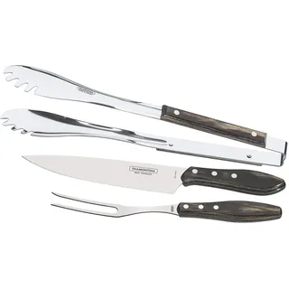 Tramontina Grillbesteck Set, 3-teilig, Grillzange, Tranchiermesser,Tranchiergabel aus rostfreiem Edelstahl, FSC, 29899/267, Braun