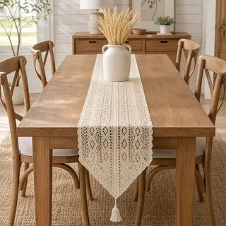 Tischläufer Kurz ,Schmale Tischdecke Aus Baumwolle und Leinen, Im Boho, Landhaus und Bauernhausstil, Waschbar, Geeignet für Hochzeiten, Küchen und Tischdekoration, 25 X 180 cm, Beige