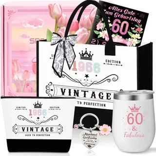 60.Geburtstag Geschenk Frau,Vintage 1966 Canvas Einkaufstasche Tragetasche Kosmetiktasche 7 Set mit Becher Strohhalm Grußkarte,60. Geburtstagsgeschenk für Mama, Freundin, Kollegin oder Schwester